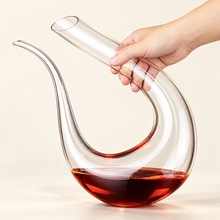 Hand holding The Curved Pour Swan Decanter by its curved neck