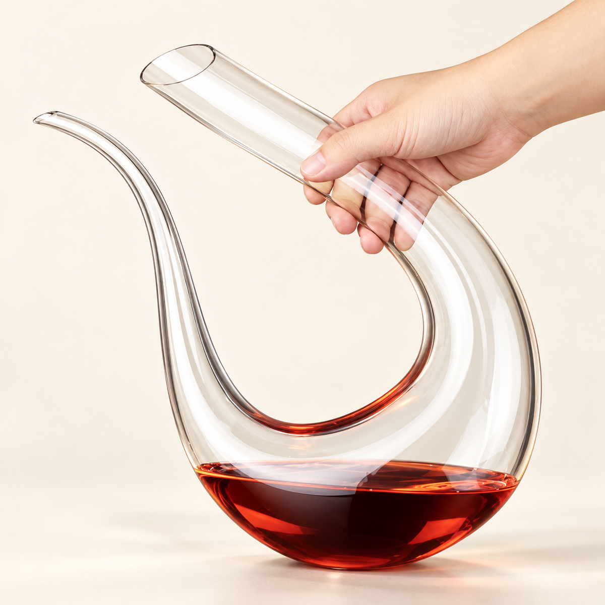 Hand holding The Curved Pour Swan Decanter by its curved neck