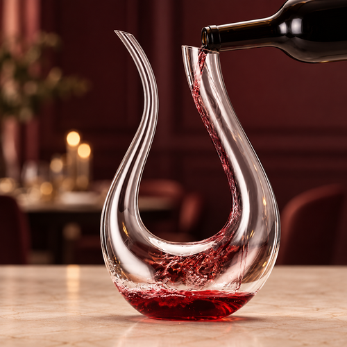 Red wine being poured into The Curved Pour Swan Decanter